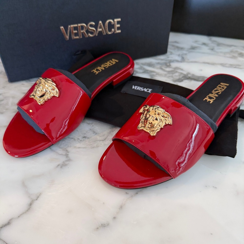 Versace Medusa Biggie Red Patent Leather Flat Slides Sandals Gold Hardware 37 - Picture 5 of 14